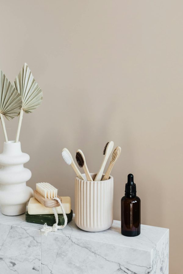 Collection of bamboo toothbrushes and organic natural soaps with wooden body brush arranged with recyclable glass bottle with natural oil and ceramic vase with artificial plant